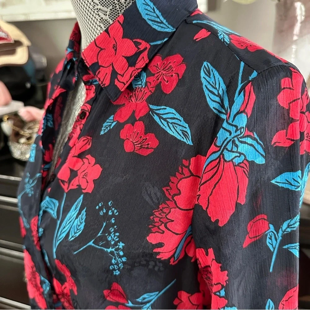 Zara Z1975 Semi-Sheer Maximalist Black Red Blue Bold Floral Blouse Size M - Picture 7 of 16